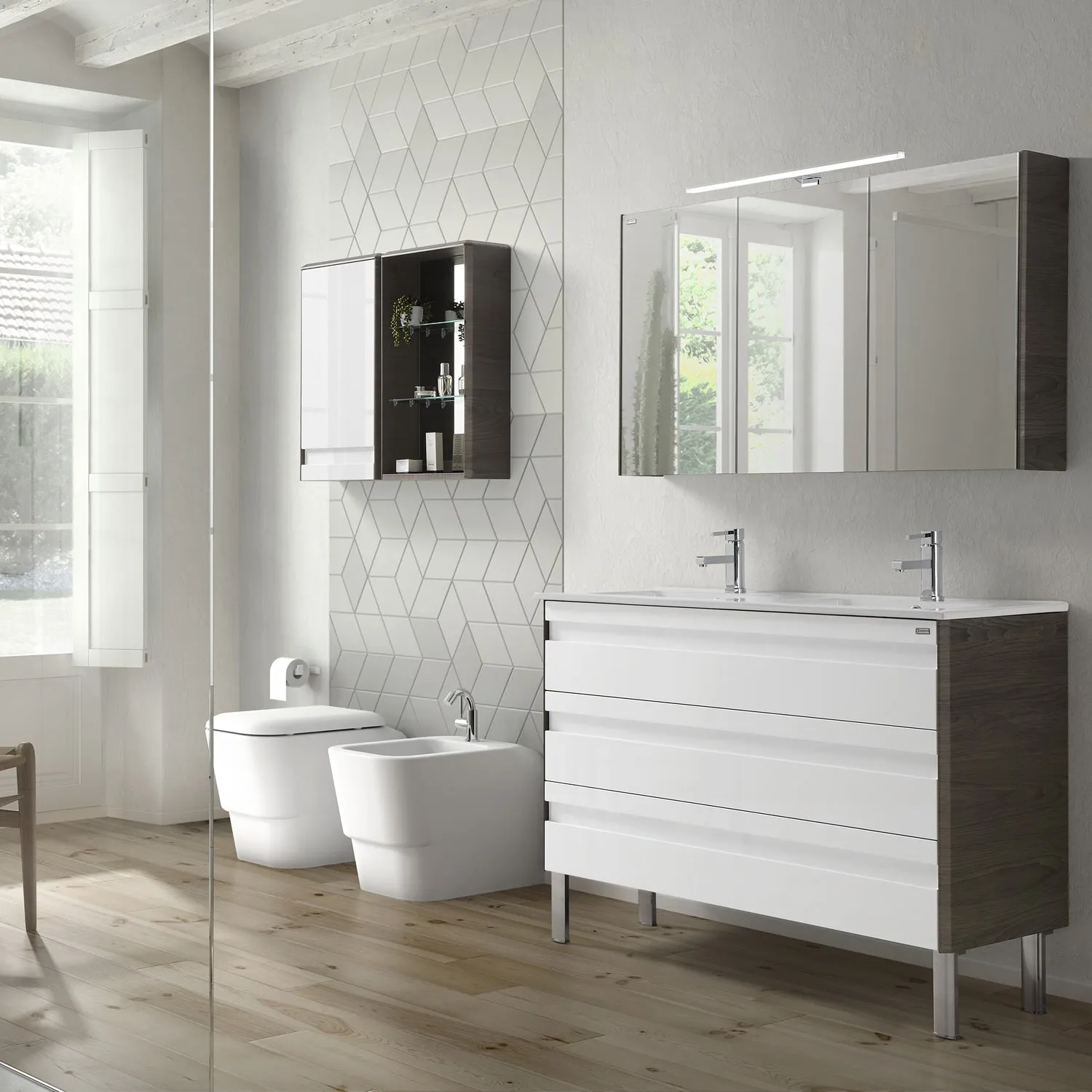 16" Open Side Cabinet with Shelves and Mirror, Wall Mount, Walnut, Serie Barcelona by VALENZUELA
