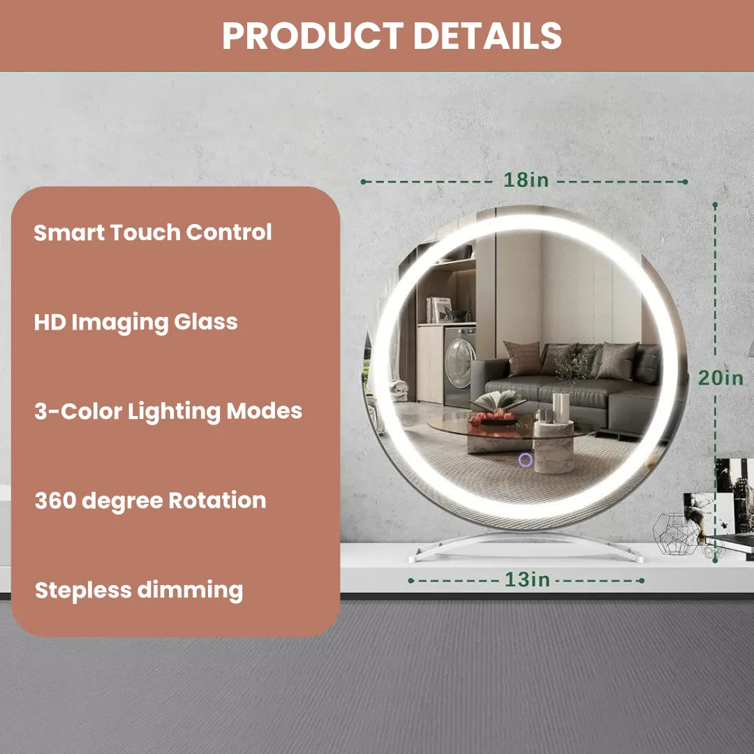 18 Inch Circular LED Vanity Lighted Mirror with Touch Control and 3-Color Dimmable Lighting