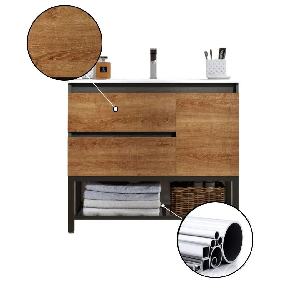 2 Drawers Vanity Wood Frame Freestanding Shelving Included Mirror Single Sink Vanity