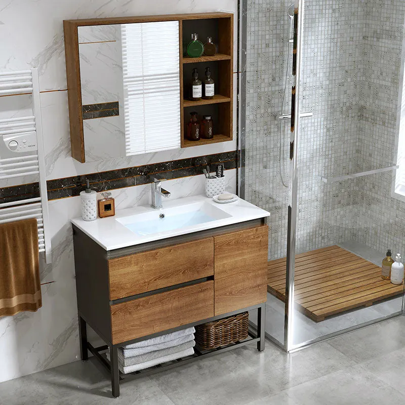 2 Drawers Vanity Wood Frame Freestanding Shelving Included Mirror Single Sink Vanity