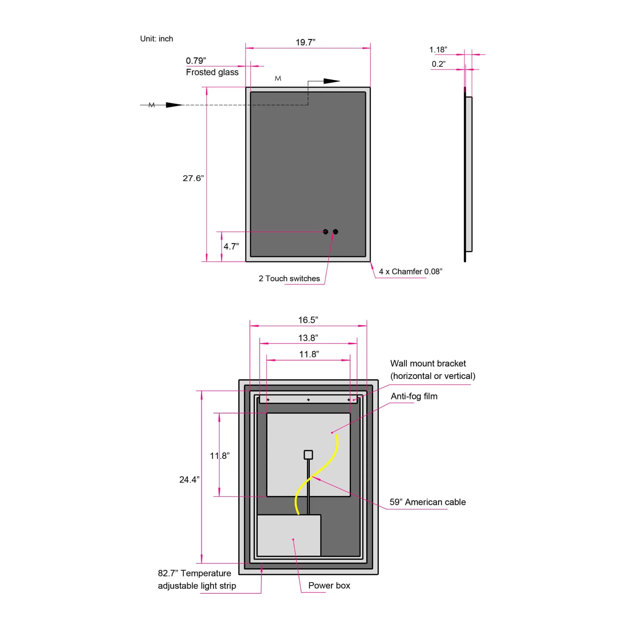 20" Modern Wall Mounted LED Backlit Anti-Fog Rectangular Bathroom Mirror with Temperature Adjustable and Memory Function Touch Switch