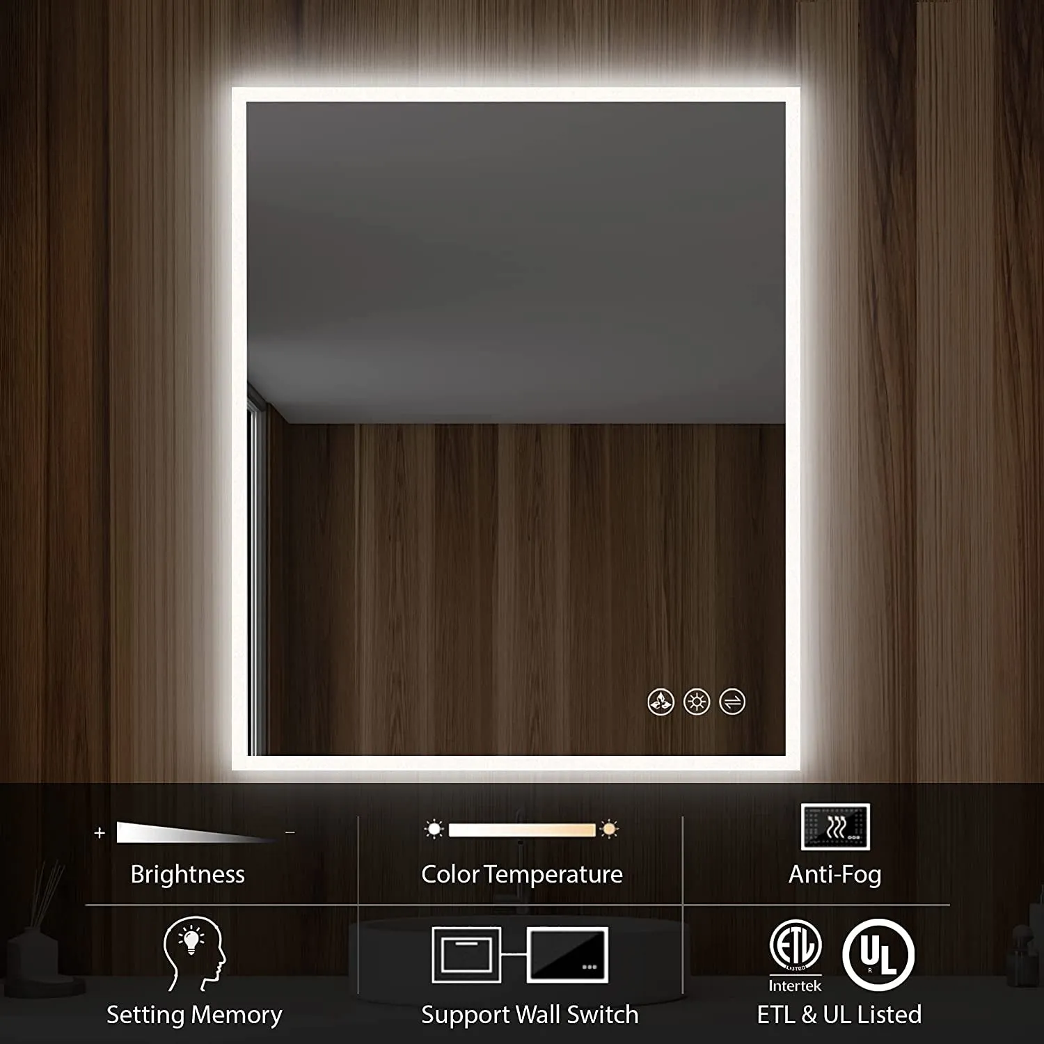 30"X36" LED Bathroom Mirror with Antifog, Dimmer, Adjustable Color