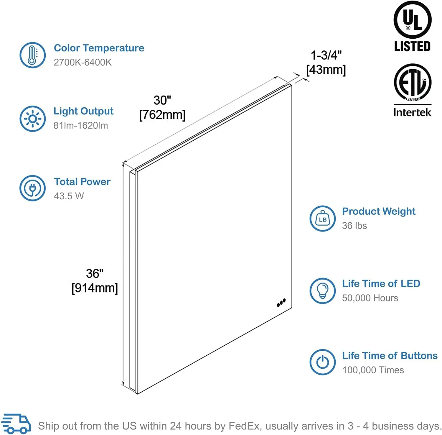 30"X36" LED Bathroom Mirror with Antifog, Dimmer, Adjustable Color