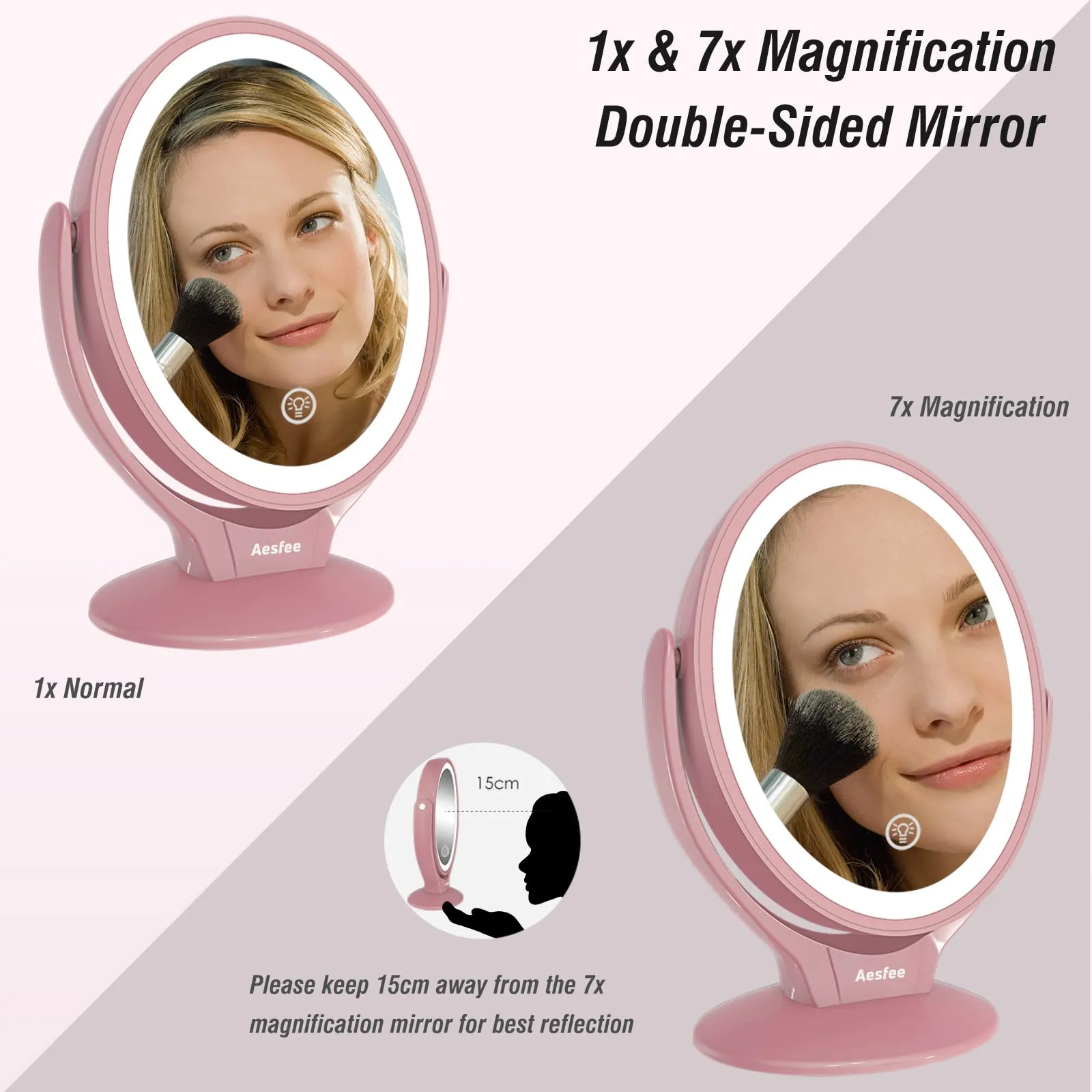 Aesfee LED Lighted Makeup Vanity Mirror Rechargeable,1x/7x Magnification Double Sided 360° Swivel Magnifying Mirror with Dimmable Touch Screen, Portable Tabletop Illuminated Mirrors