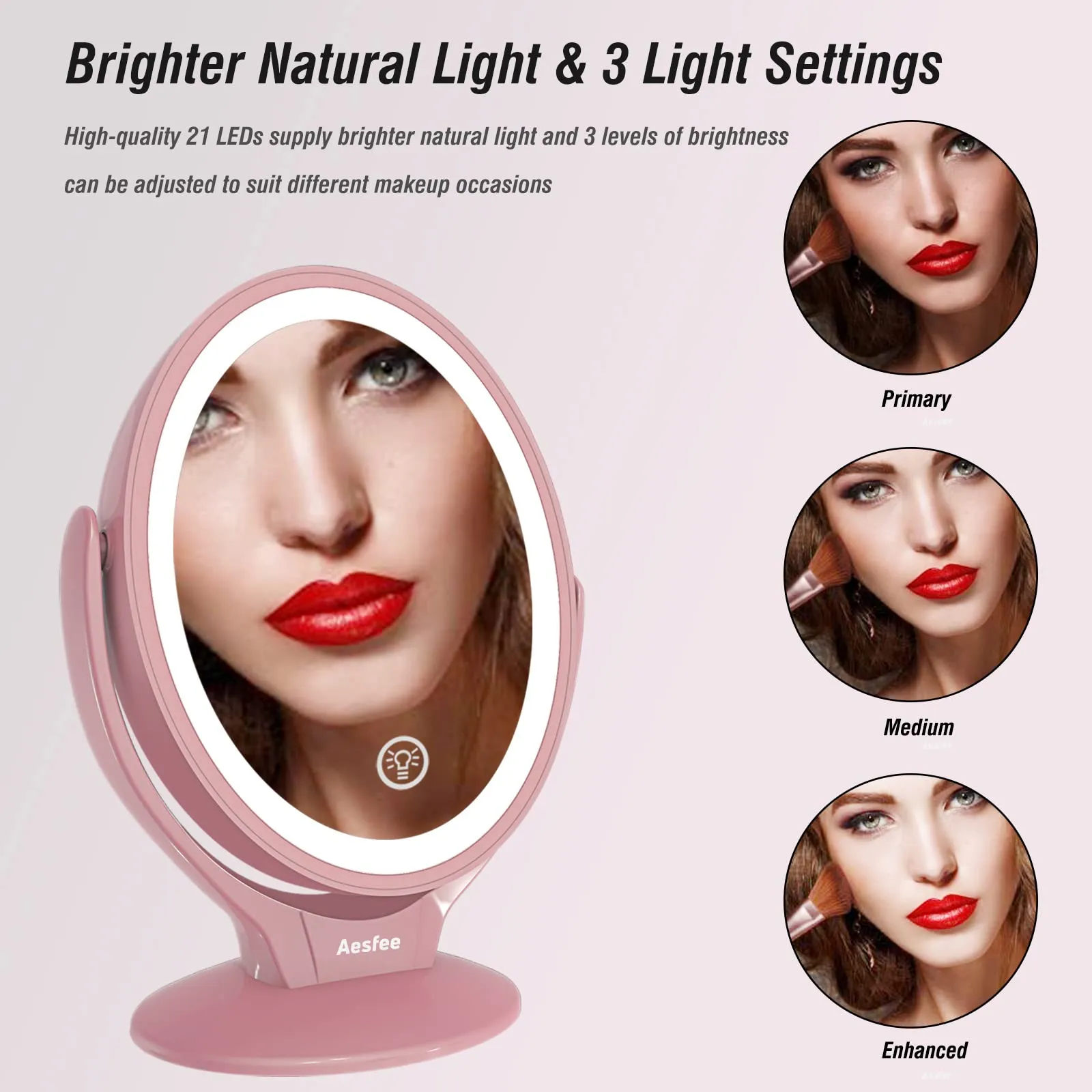 Aesfee LED Lighted Makeup Vanity Mirror Rechargeable,1x/7x Magnification Double Sided 360° Swivel Magnifying Mirror with Dimmable Touch Screen, Portable Tabletop Illuminated Mirrors