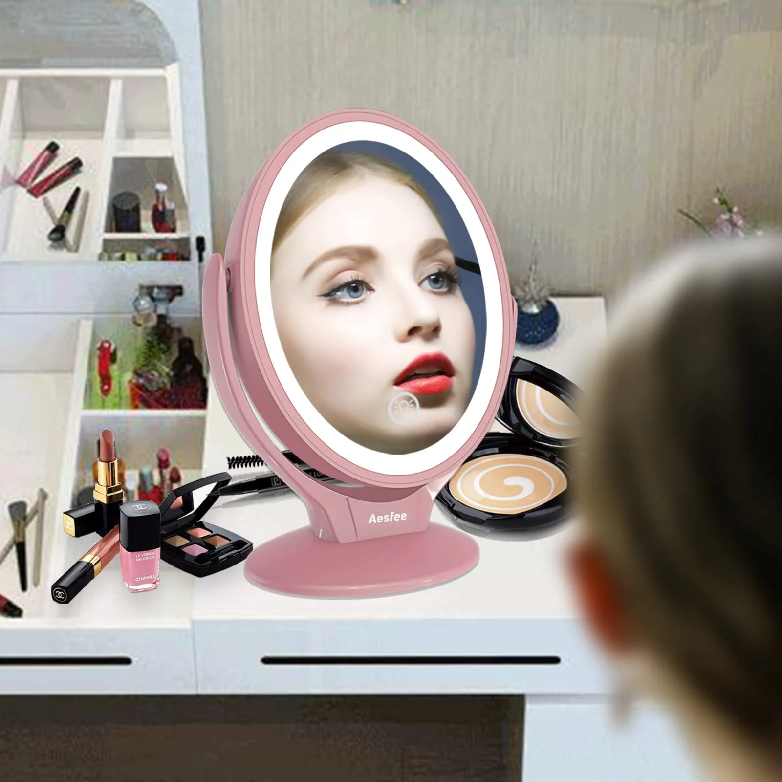Aesfee LED Lighted Makeup Vanity Mirror Rechargeable,1x/7x Magnification Double Sided 360° Swivel Magnifying Mirror with Dimmable Touch Screen, Portable Tabletop Illuminated Mirrors