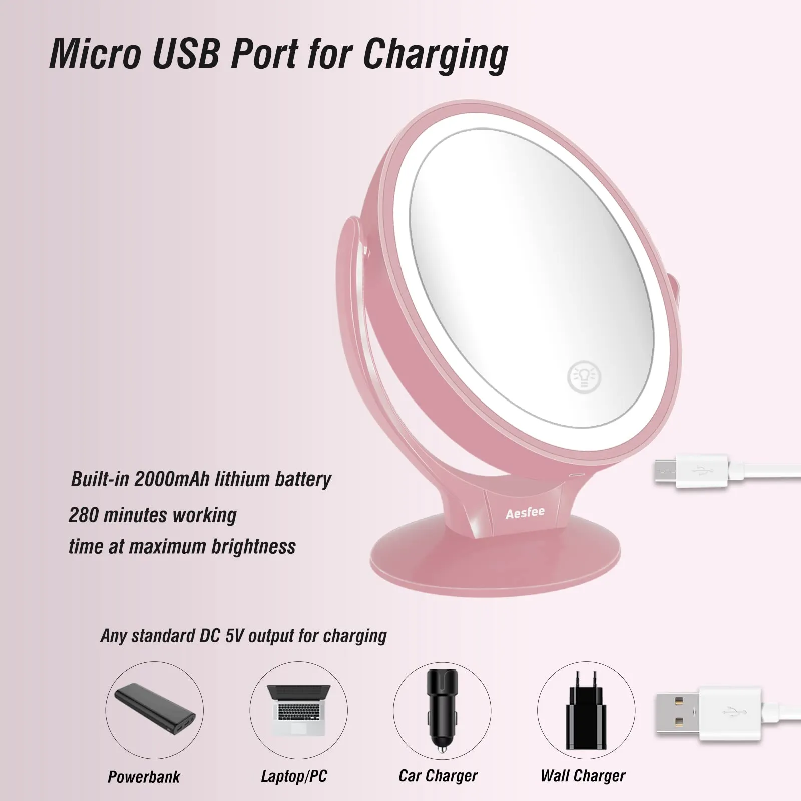 Aesfee LED Lighted Makeup Vanity Mirror Rechargeable,1x/7x Magnification Double Sided 360° Swivel Magnifying Mirror with Dimmable Touch Screen, Portable Tabletop Illuminated Mirrors