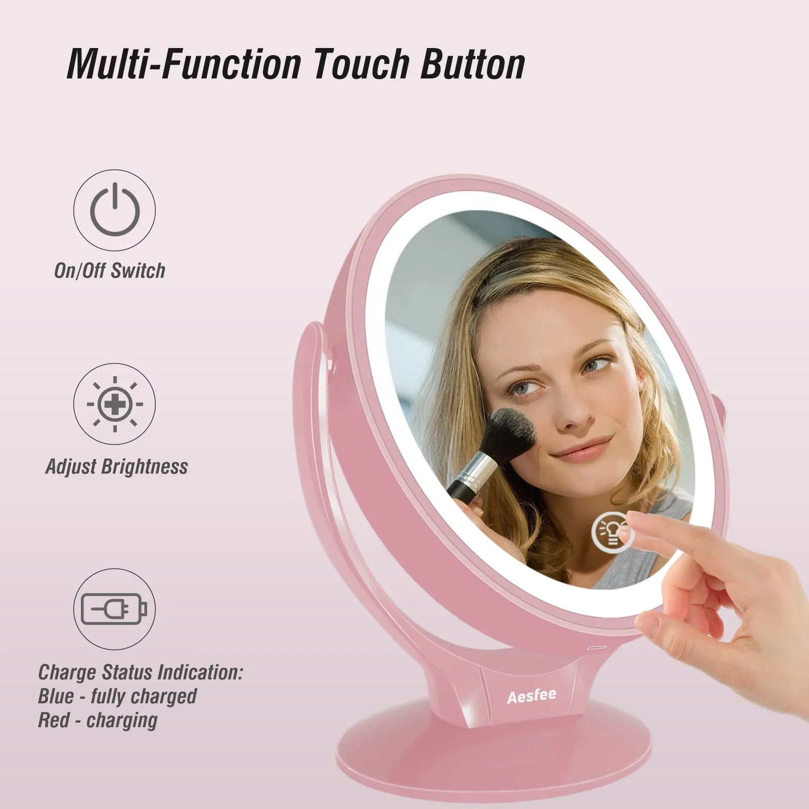 Aesfee LED Lighted Makeup Vanity Mirror Rechargeable,1x/7x Magnification Double Sided 360° Swivel Magnifying Mirror with Dimmable Touch Screen, Portable Tabletop Illuminated Mirrors