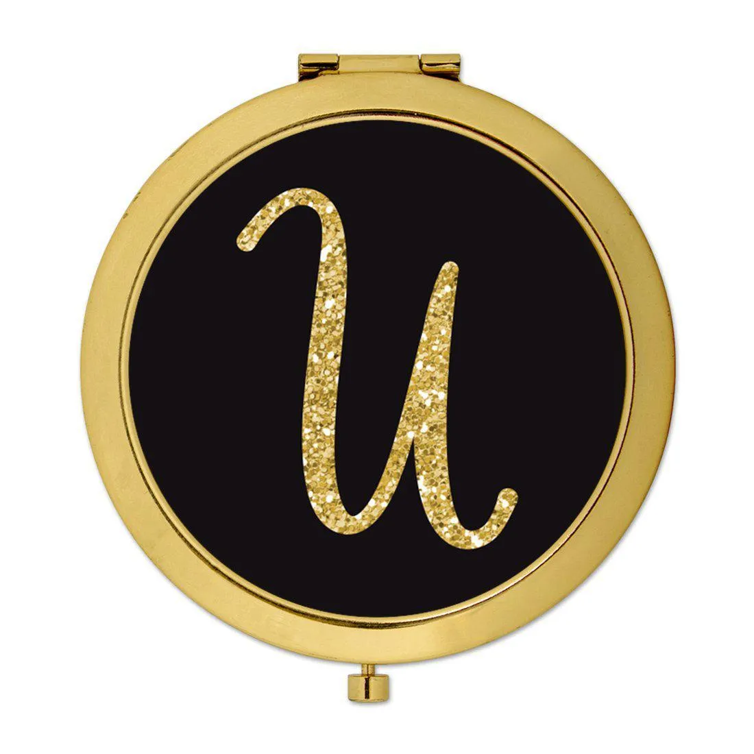 Andaz Press Black with Faux Gold Glitter Monogram Gold 2.75 inch Round Compact Mirror