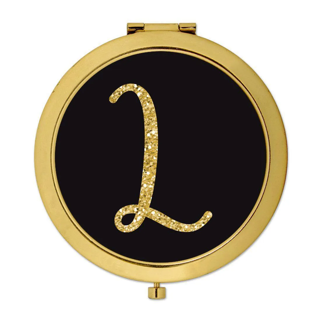 Andaz Press Black with Faux Gold Glitter Monogram Gold 2.75 inch Round Compact Mirror