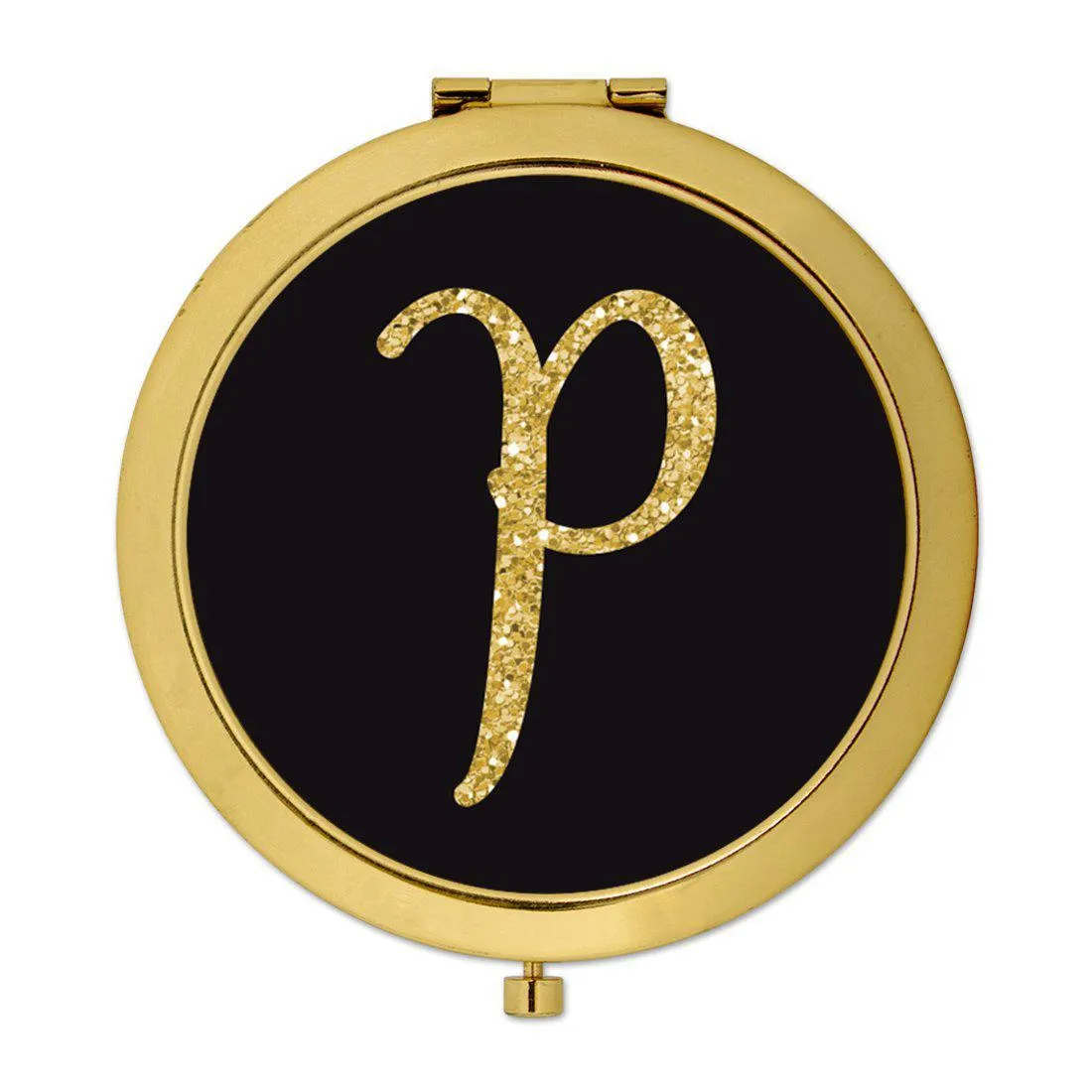 Andaz Press Black with Faux Gold Glitter Monogram Gold 2.75 inch Round Compact Mirror