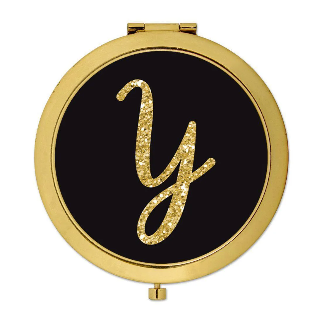 Andaz Press Black with Faux Gold Glitter Monogram Gold 2.75 inch Round Compact Mirror