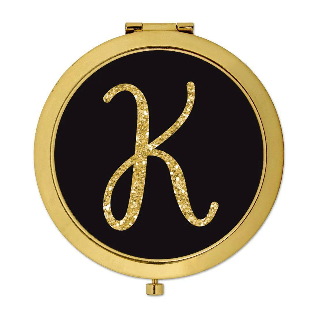 Andaz Press Black with Faux Gold Glitter Monogram Gold 2.75 inch Round Compact Mirror