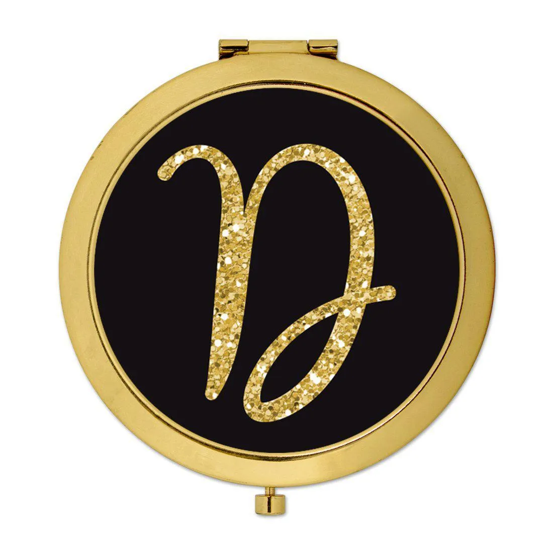 Andaz Press Black with Faux Gold Glitter Monogram Gold 2.75 inch Round Compact Mirror