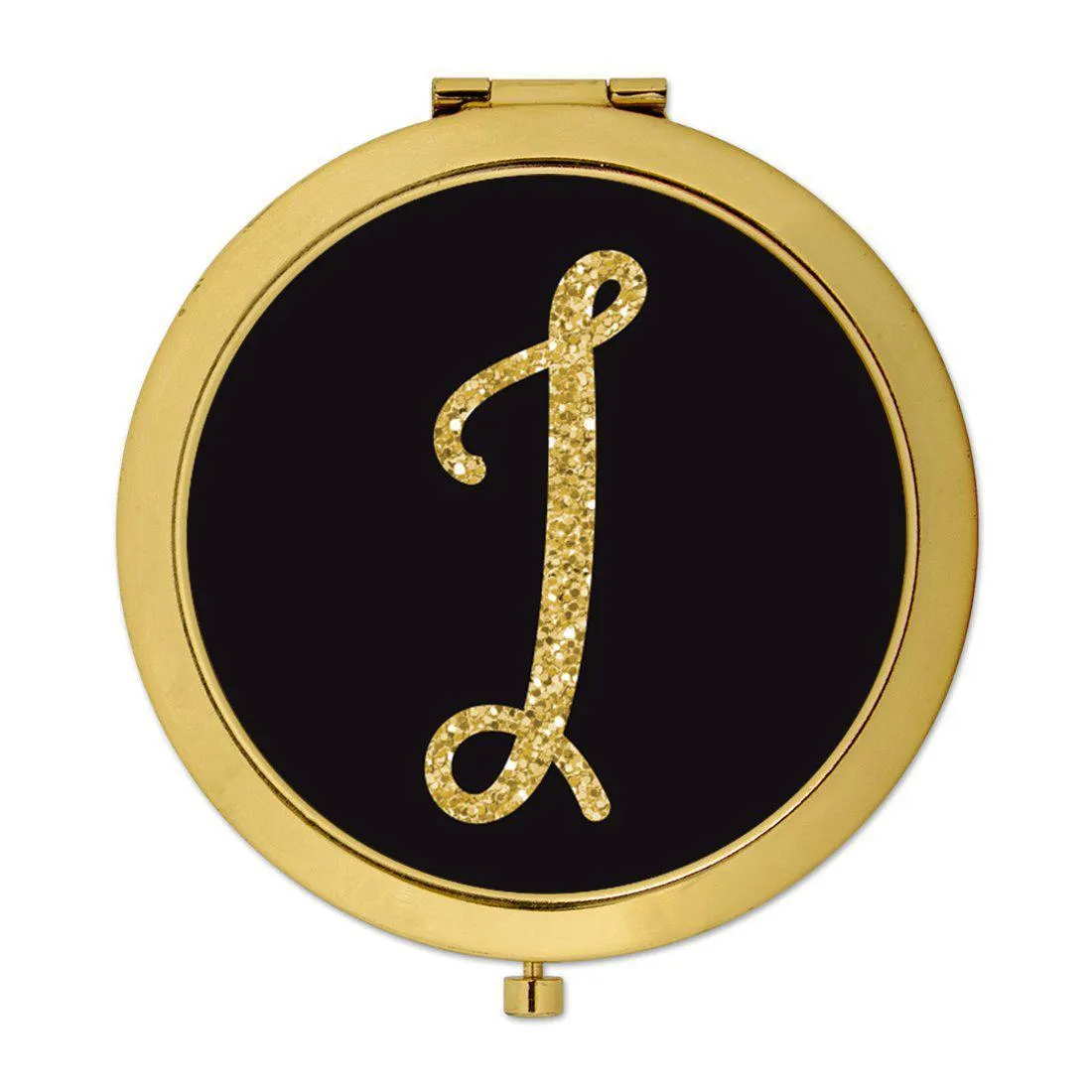 Andaz Press Black with Faux Gold Glitter Monogram Gold 2.75 inch Round Compact Mirror