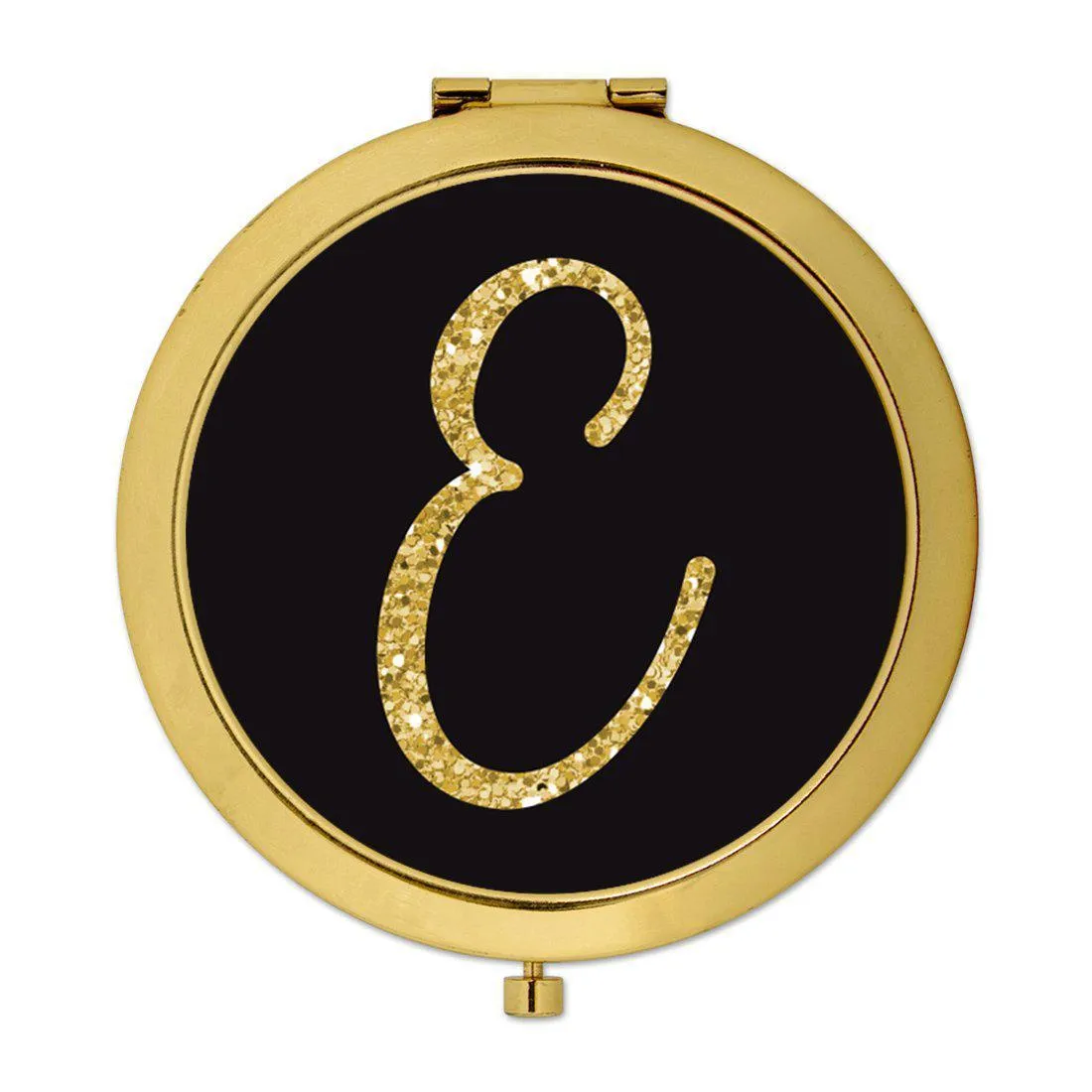 Andaz Press Black with Faux Gold Glitter Monogram Gold 2.75 inch Round Compact Mirror