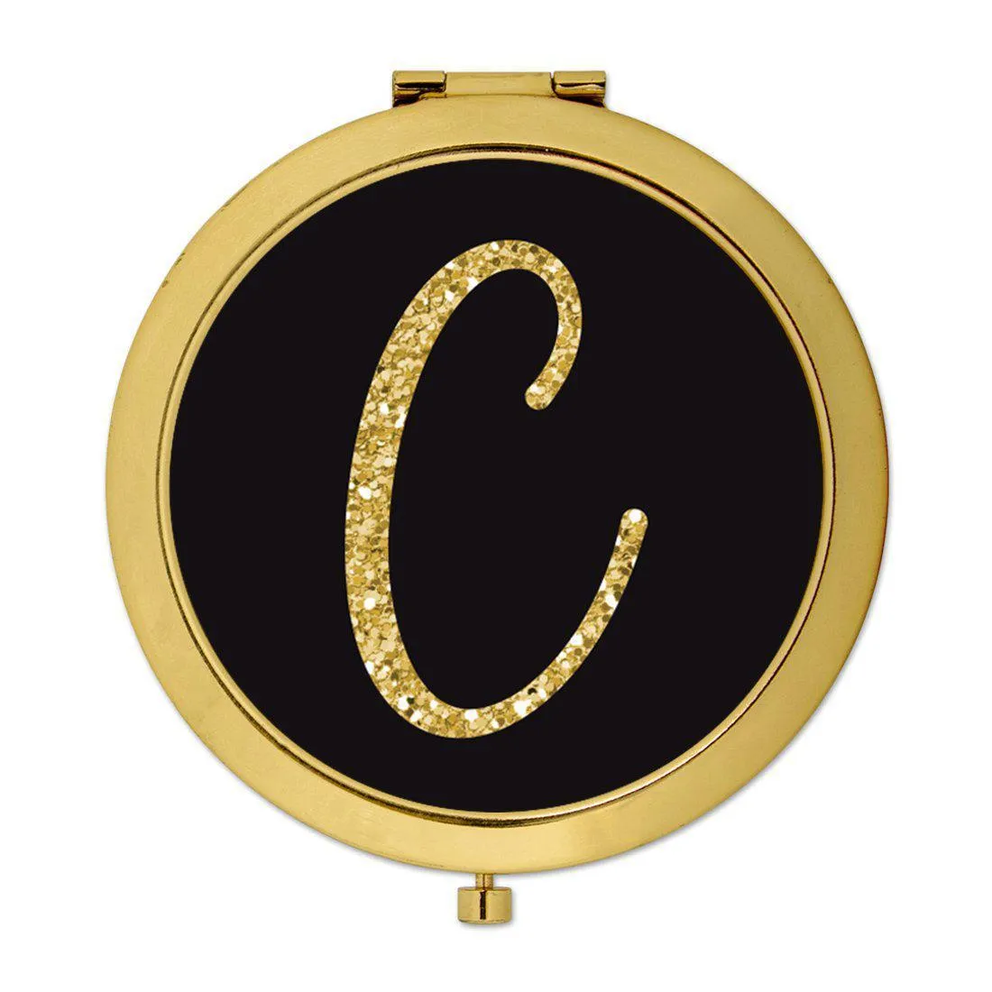 Andaz Press Black with Faux Gold Glitter Monogram Gold 2.75 inch Round Compact Mirror