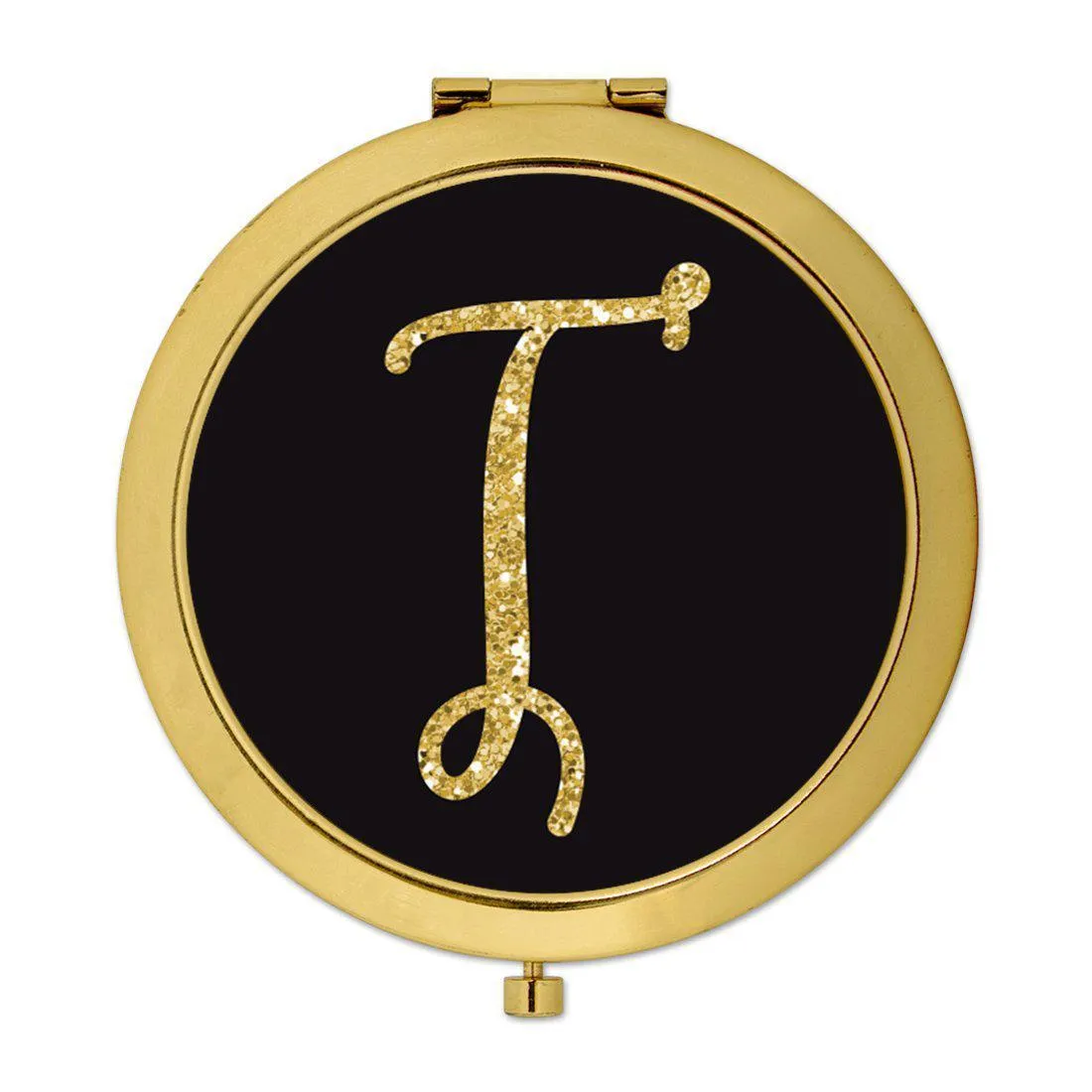 Andaz Press Black with Faux Gold Glitter Monogram Gold 2.75 inch Round Compact Mirror