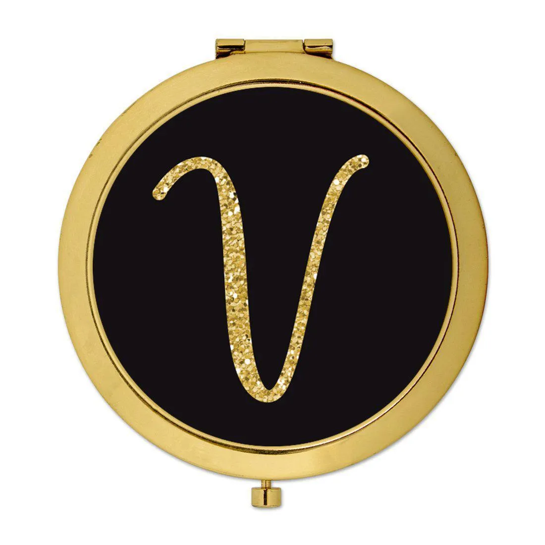 Andaz Press Black with Faux Gold Glitter Monogram Gold 2.75 inch Round Compact Mirror
