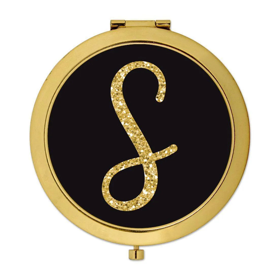 Andaz Press Black with Faux Gold Glitter Monogram Gold 2.75 inch Round Compact Mirror