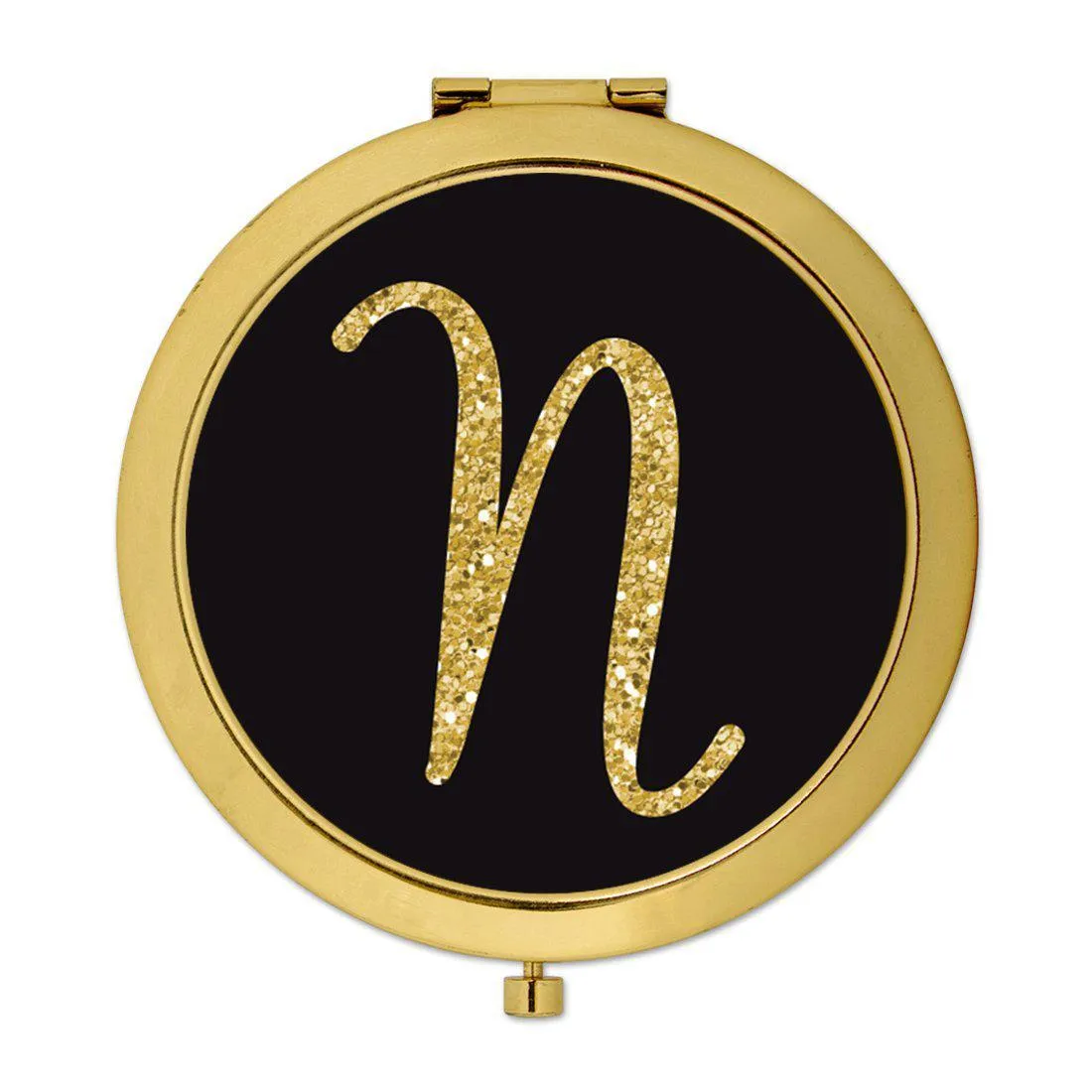 Andaz Press Black with Faux Gold Glitter Monogram Gold 2.75 inch Round Compact Mirror
