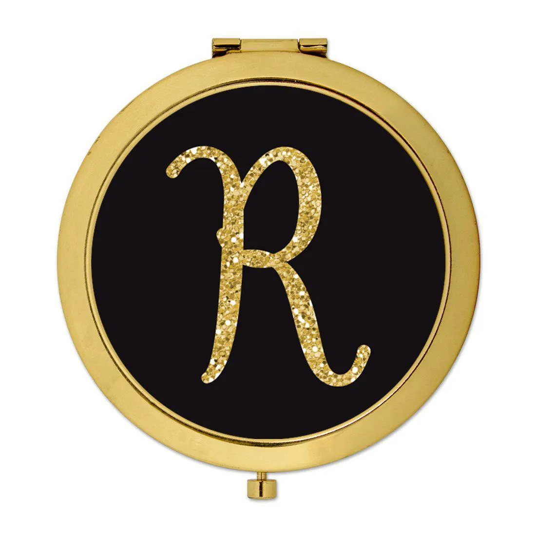 Andaz Press Black with Faux Gold Glitter Monogram Gold 2.75 inch Round Compact Mirror