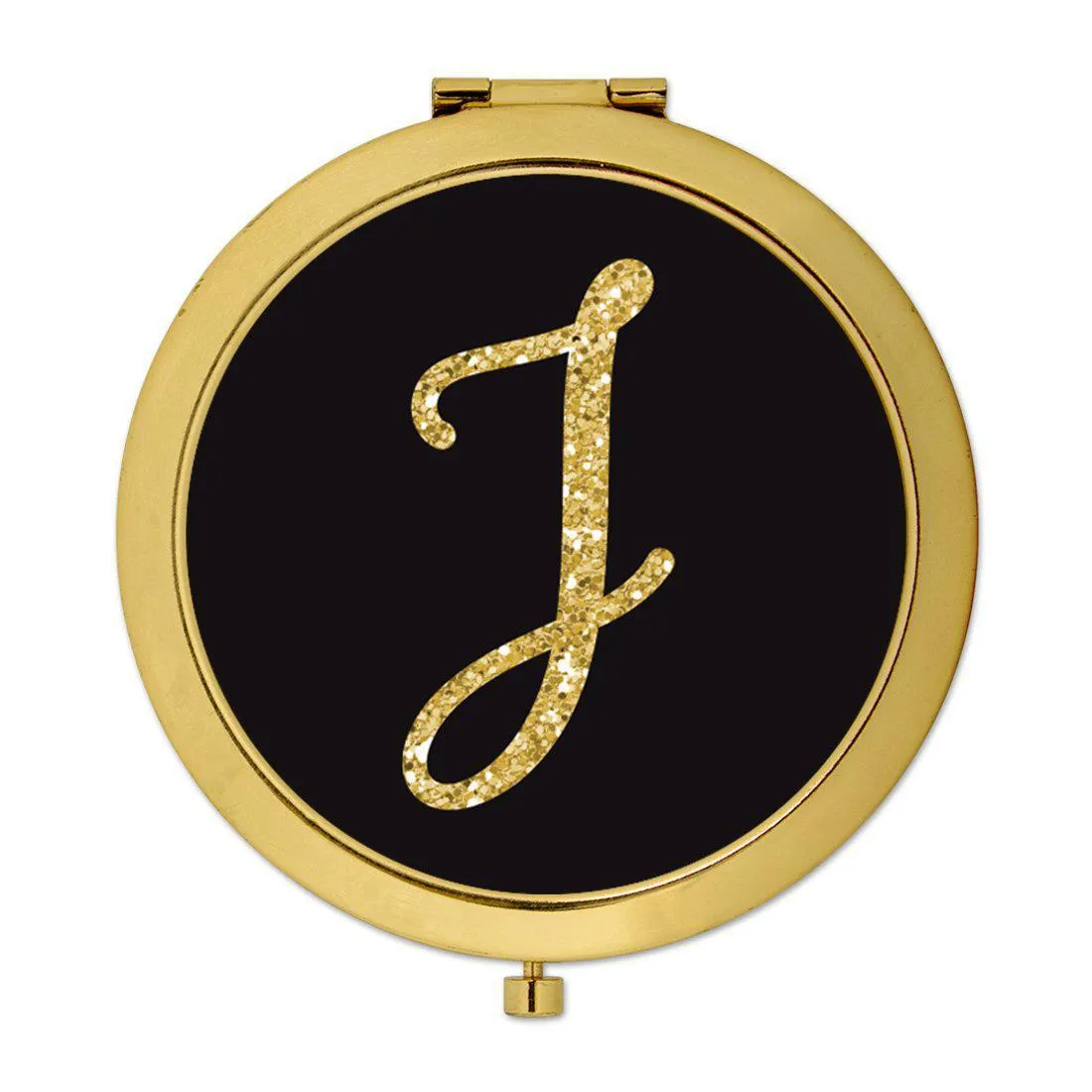 Andaz Press Black with Faux Gold Glitter Monogram Gold 2.75 inch Round Compact Mirror