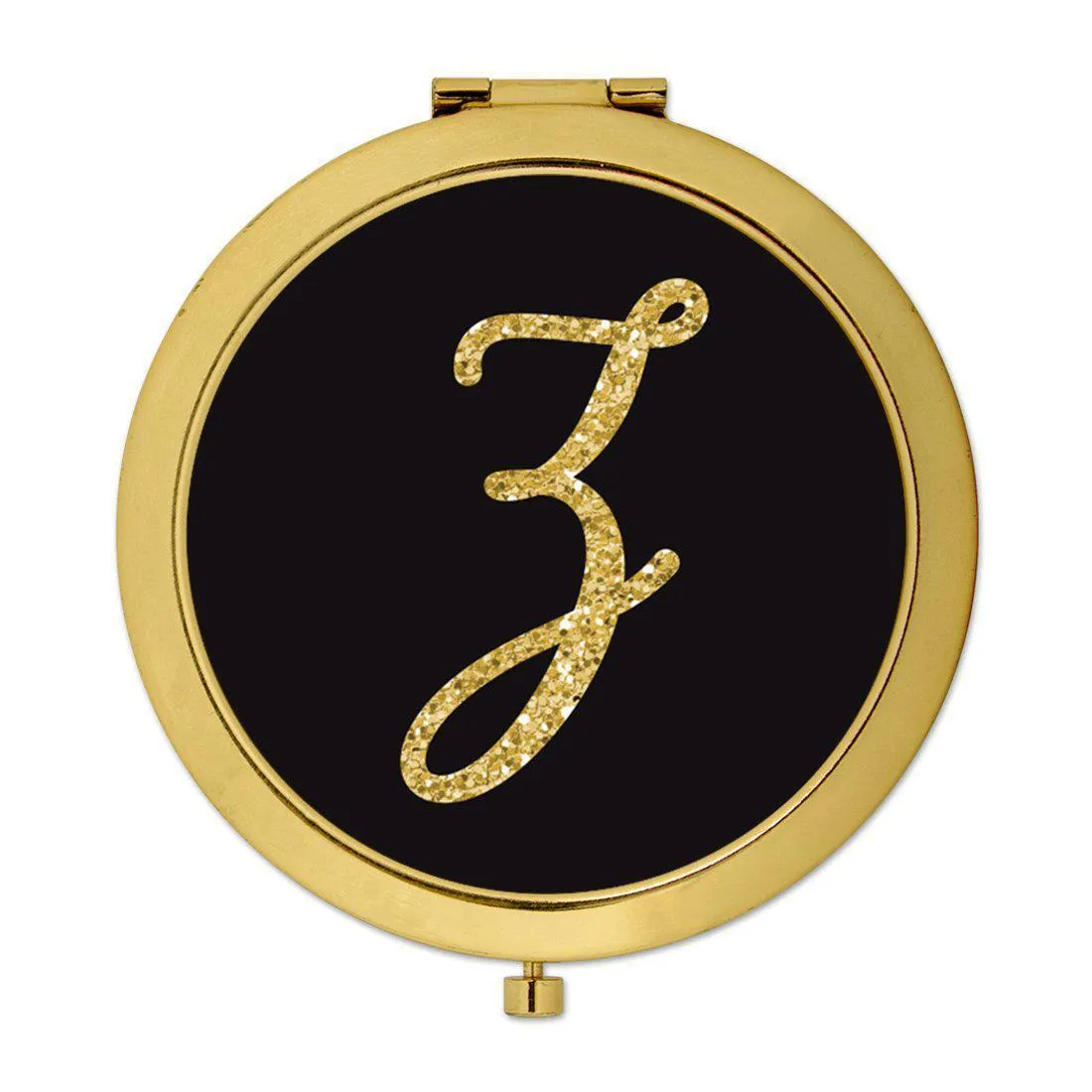 Andaz Press Black with Faux Gold Glitter Monogram Gold 2.75 inch Round Compact Mirror