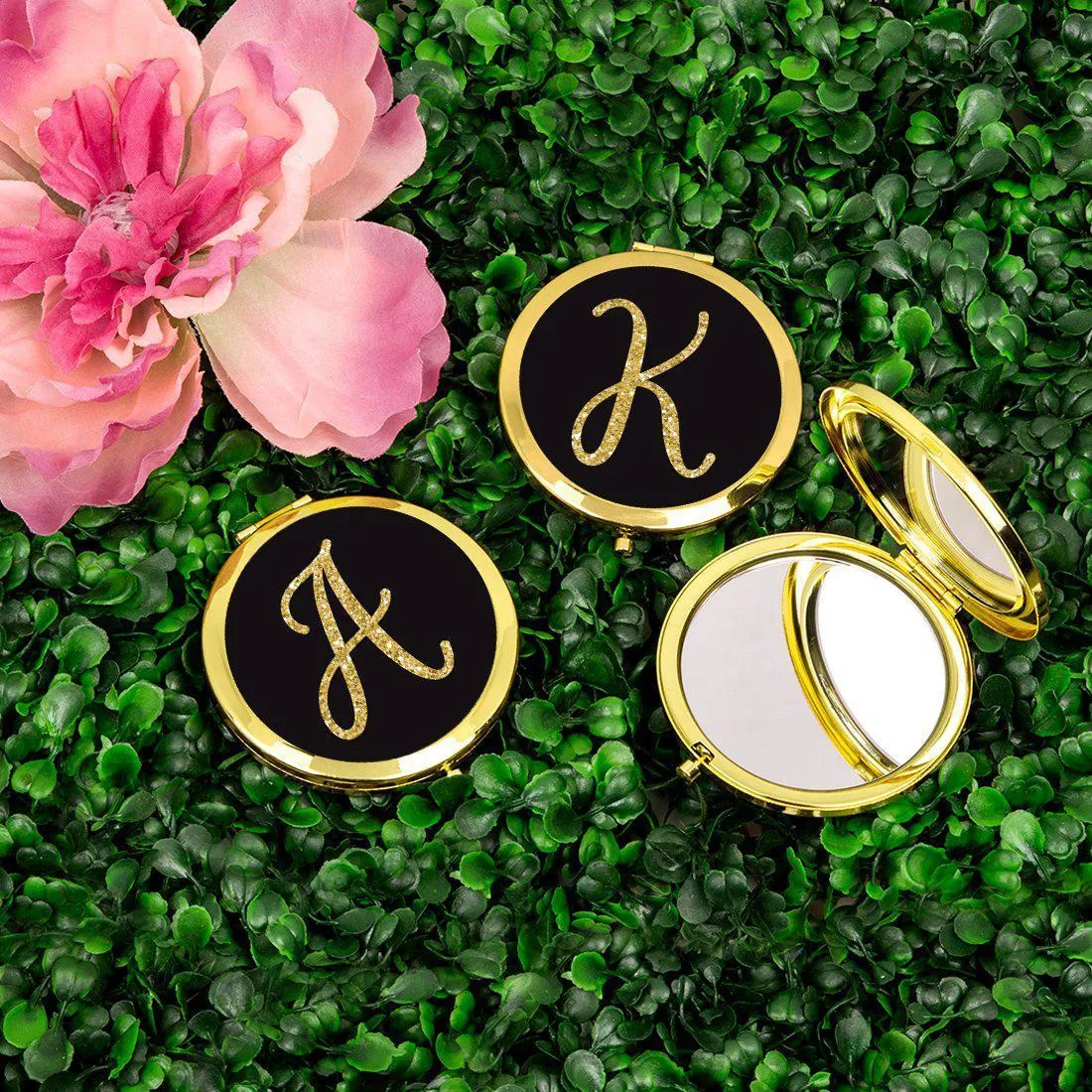 Andaz Press Black with Faux Gold Glitter Monogram Gold 2.75 inch Round Compact Mirror