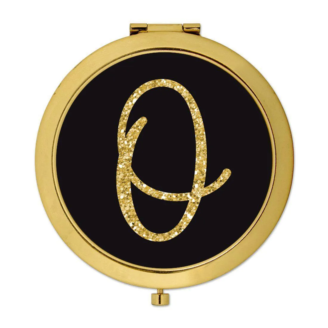 Andaz Press Black with Faux Gold Glitter Monogram Gold 2.75 inch Round Compact Mirror