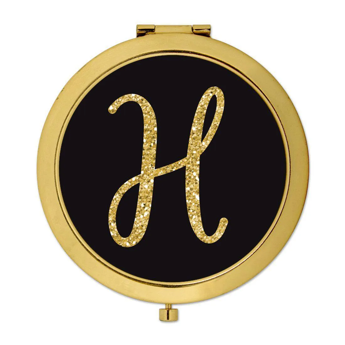 Andaz Press Black with Faux Gold Glitter Monogram Gold 2.75 inch Round Compact Mirror