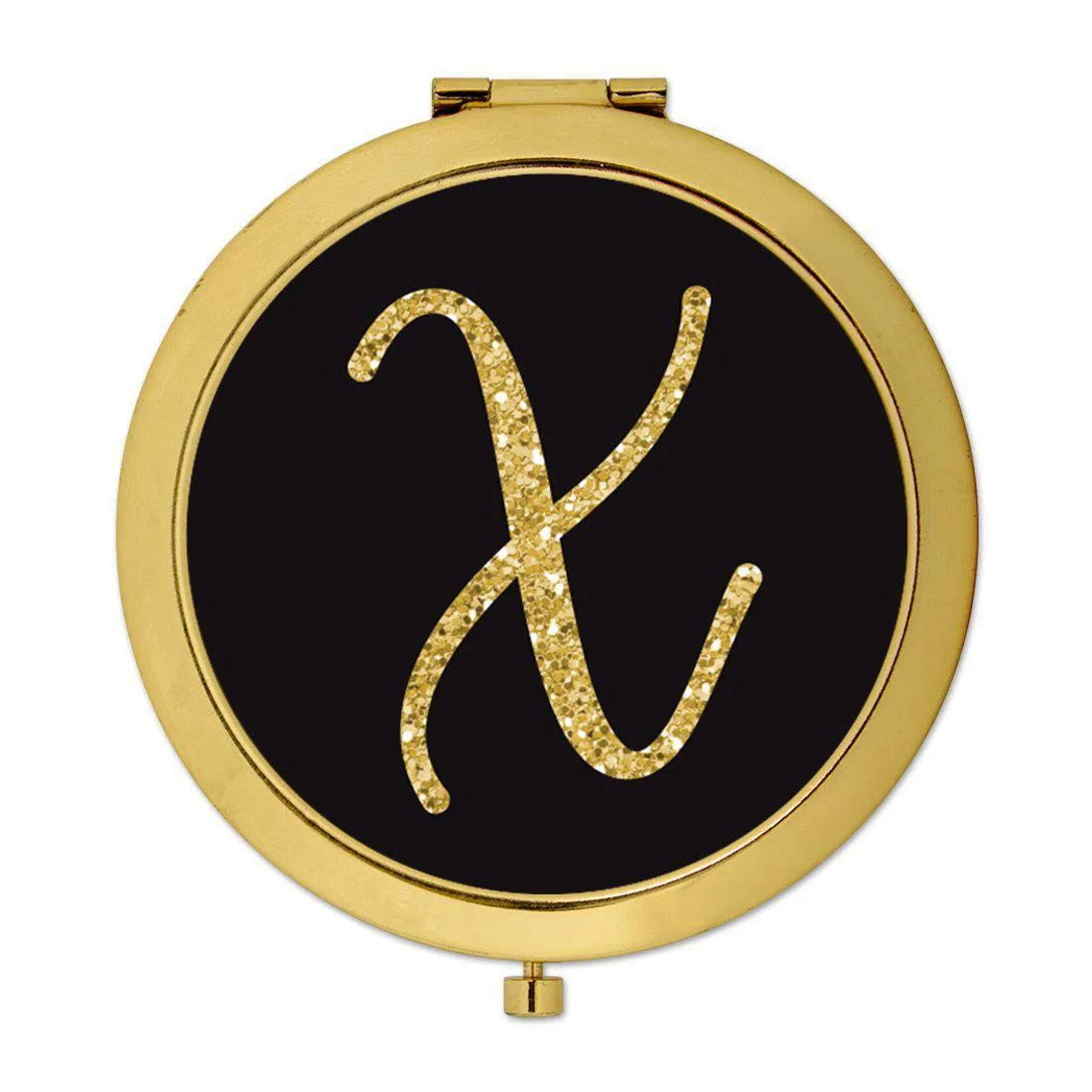 Andaz Press Black with Faux Gold Glitter Monogram Gold 2.75 inch Round Compact Mirror