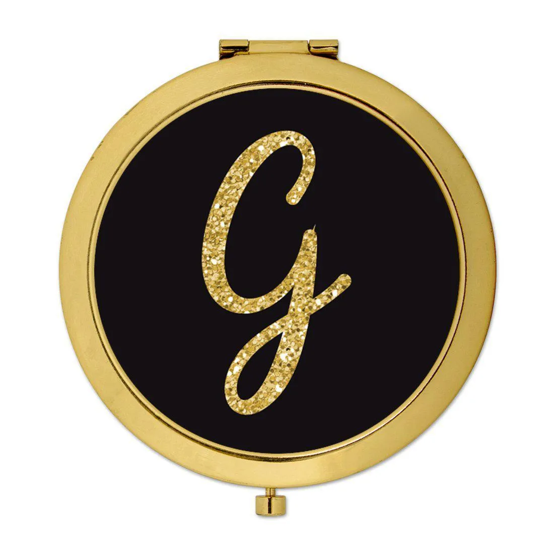 Andaz Press Black with Faux Gold Glitter Monogram Gold 2.75 inch Round Compact Mirror
