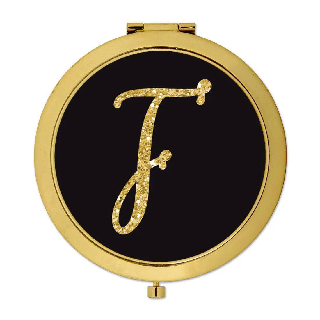 Andaz Press Black with Faux Gold Glitter Monogram Gold 2.75 inch Round Compact Mirror