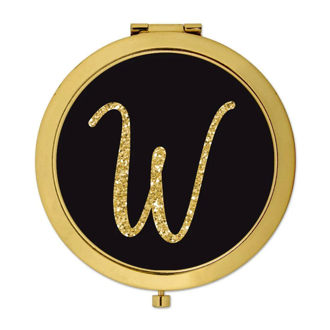 Andaz Press Black with Faux Gold Glitter Monogram Gold 2.75 inch Round Compact Mirror