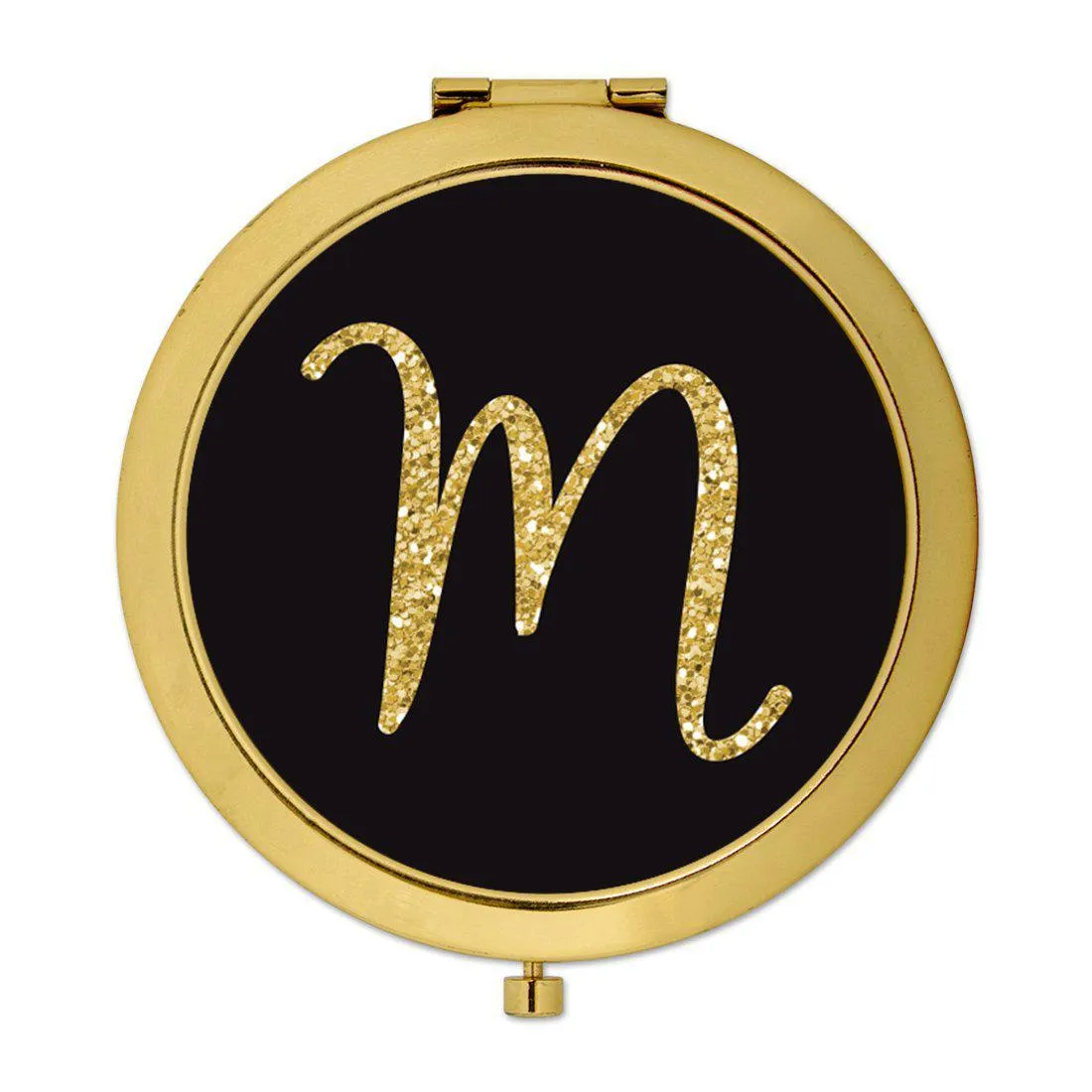 Andaz Press Black with Faux Gold Glitter Monogram Gold 2.75 inch Round Compact Mirror