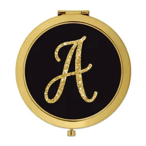 Andaz Press Black with Faux Gold Glitter Monogram Gold 2.75 inch Round Compact Mirror