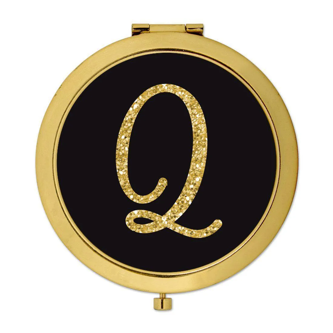 Andaz Press Black with Faux Gold Glitter Monogram Gold 2.75 inch Round Compact Mirror