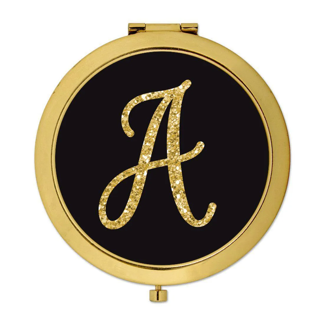 Andaz Press Black with Faux Gold Glitter Monogram Gold 2.75 inch Round Compact Mirror