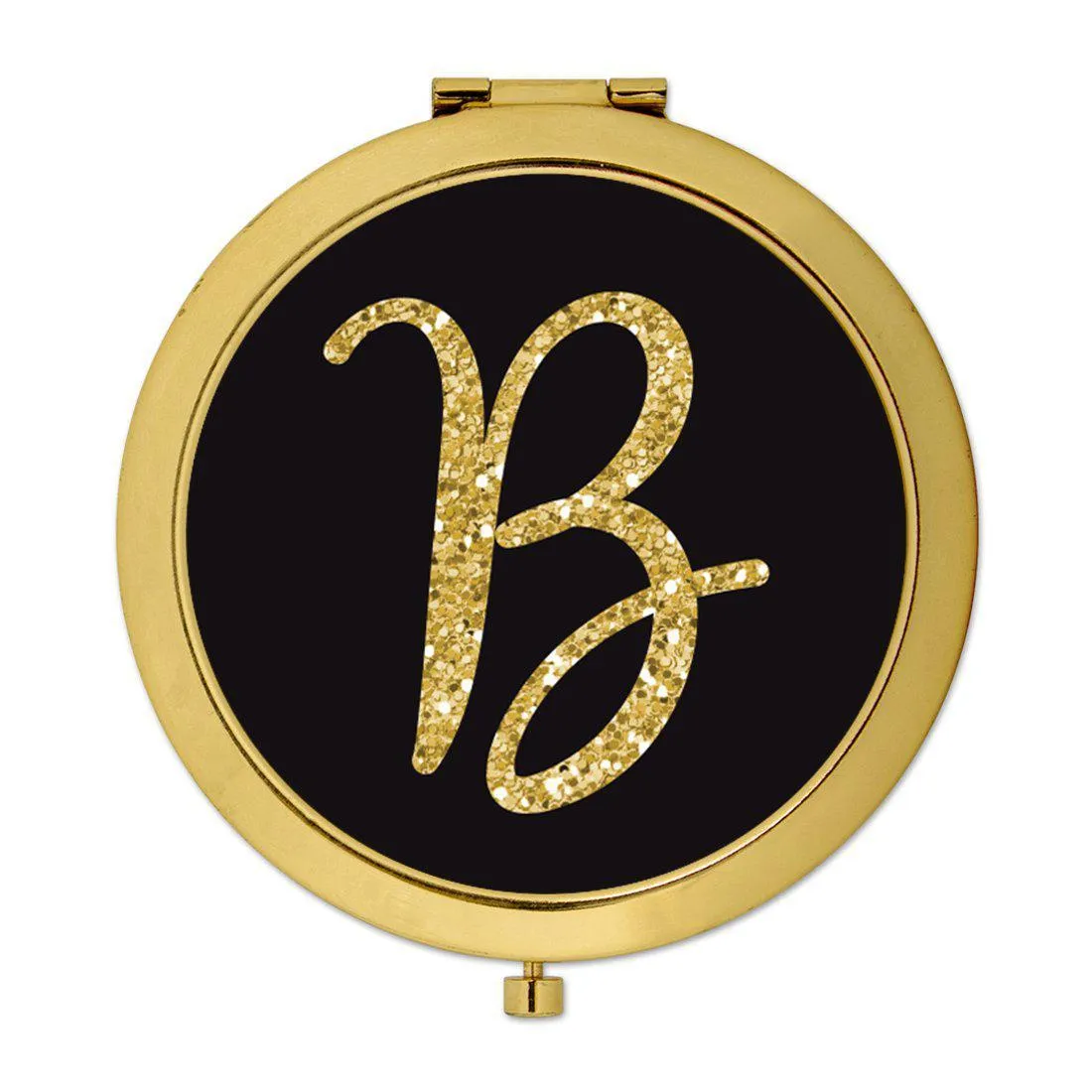 Andaz Press Black with Faux Gold Glitter Monogram Gold 2.75 inch Round Compact Mirror