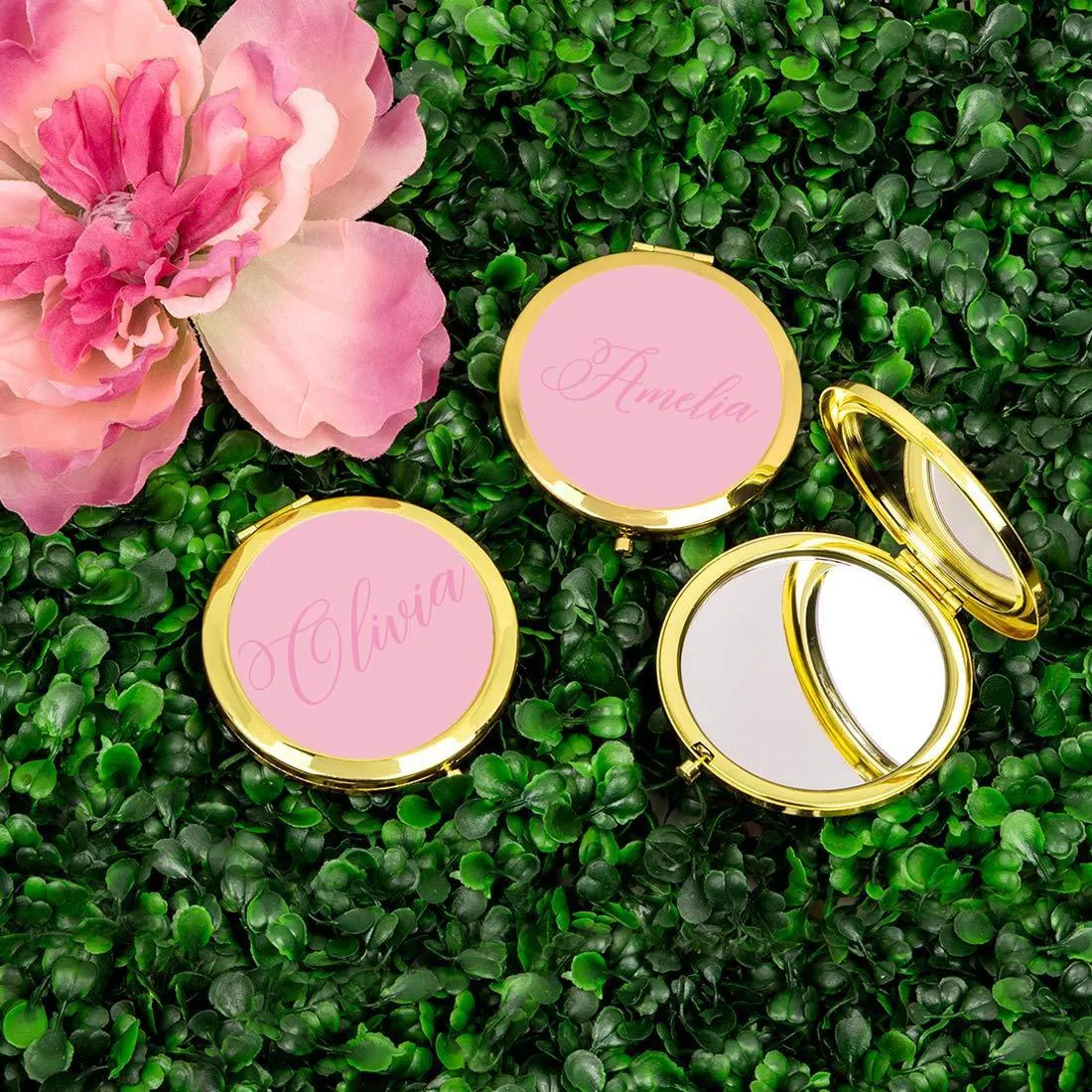 Andaz Press Personalized Modern Blush Pink Monogram Gold 2.75 inch Round Compact Mirror