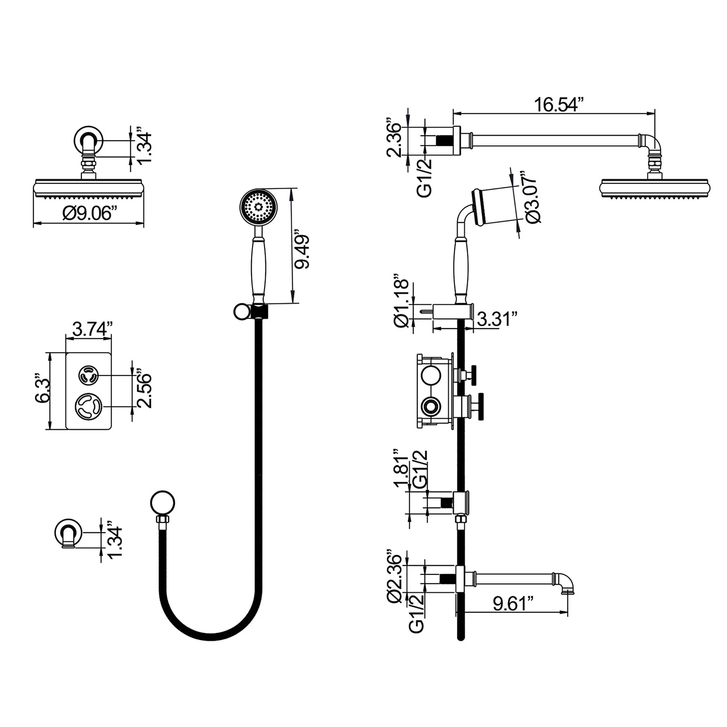 Bathroom Luxury Rain Mixer Combo Set Wall Mount Rainfall Shower System RB1152