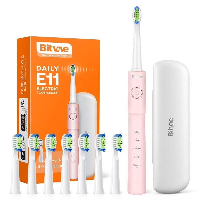 Bitvae E11 Effective Electric Toothbrush with 8 Heads and Travel Case - Long Battery Life - 5 Cleaning Modes