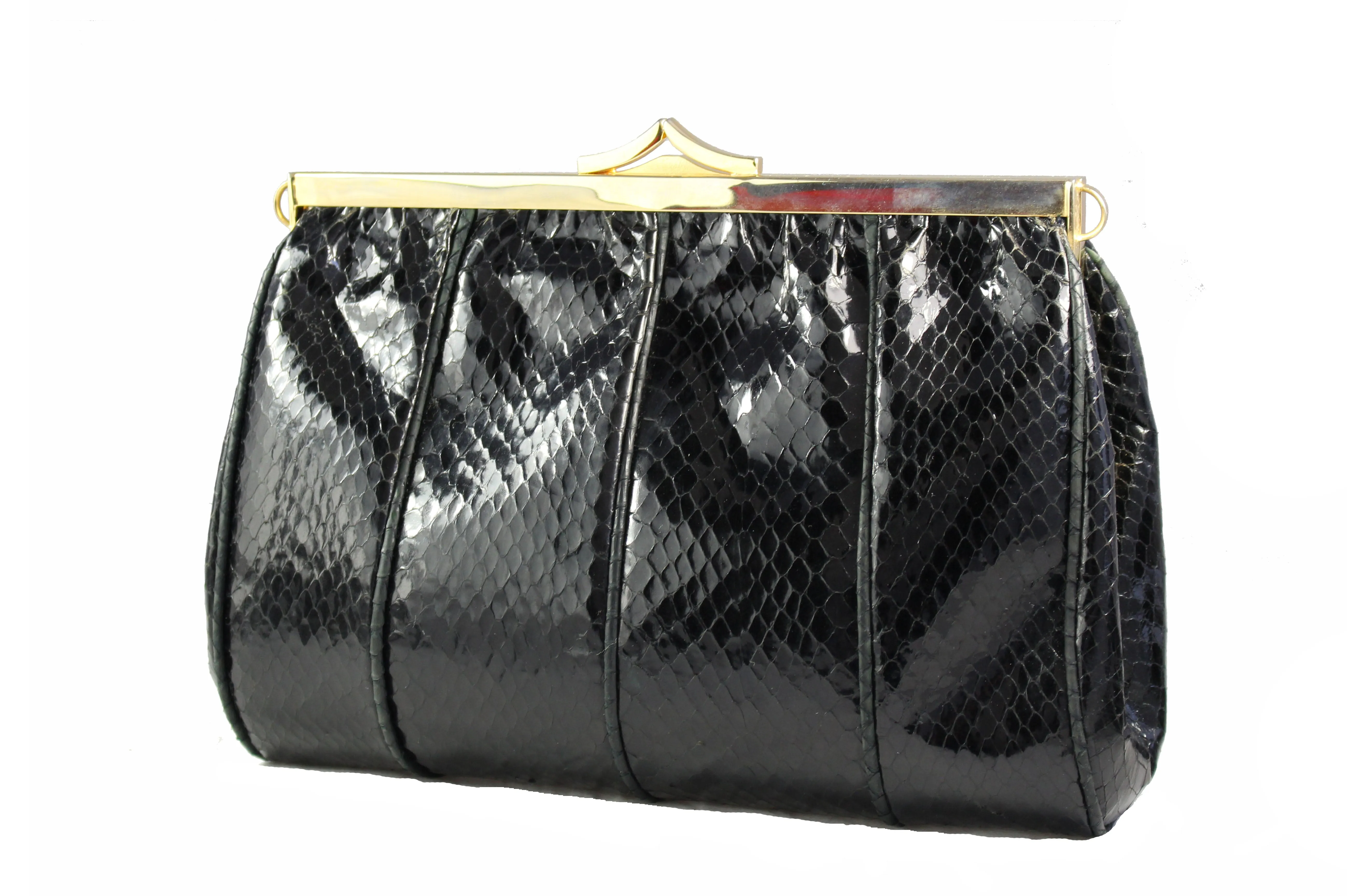 Black snake skin handbag with decorated frame