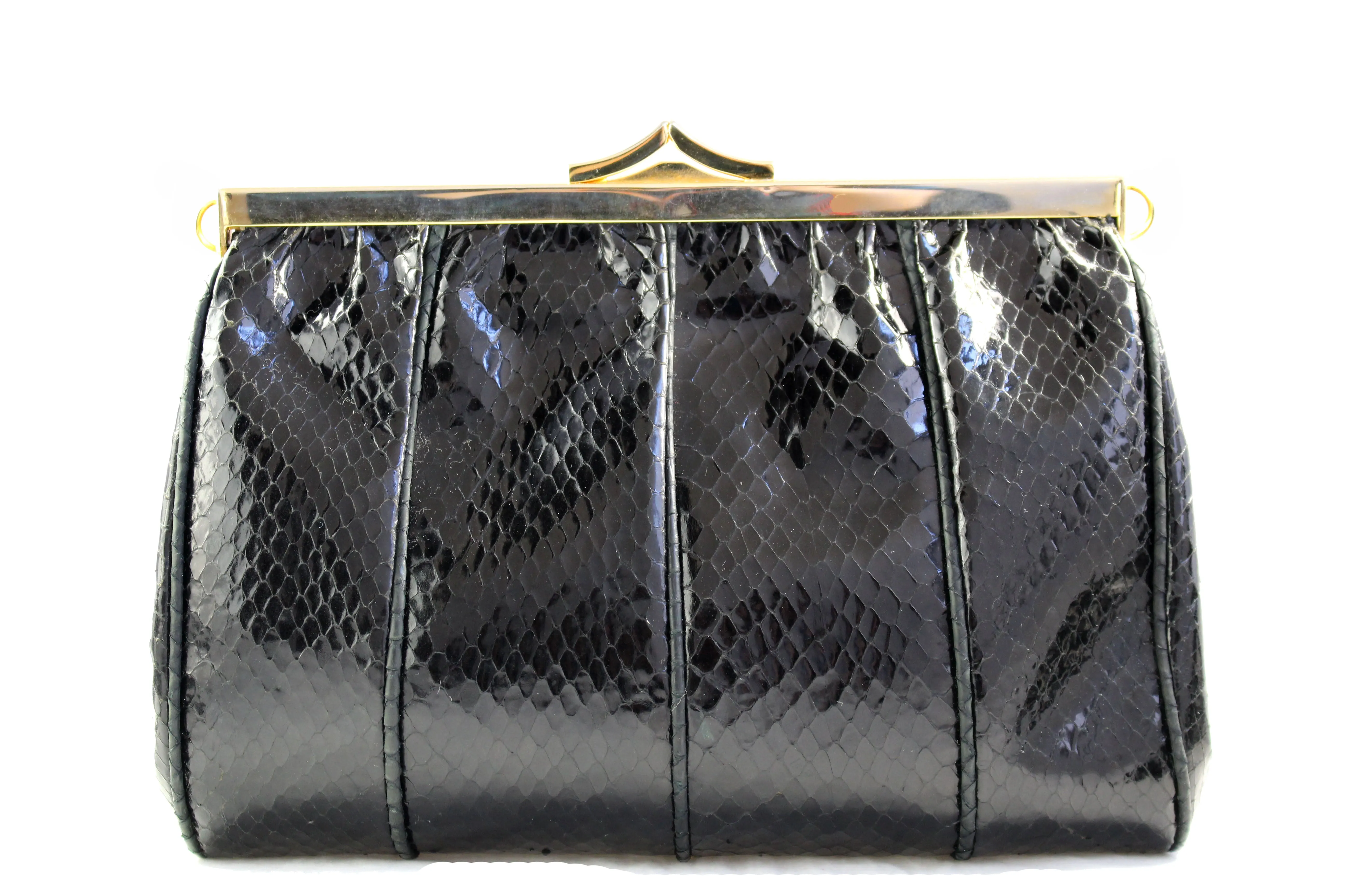 Black snake skin handbag with decorated frame