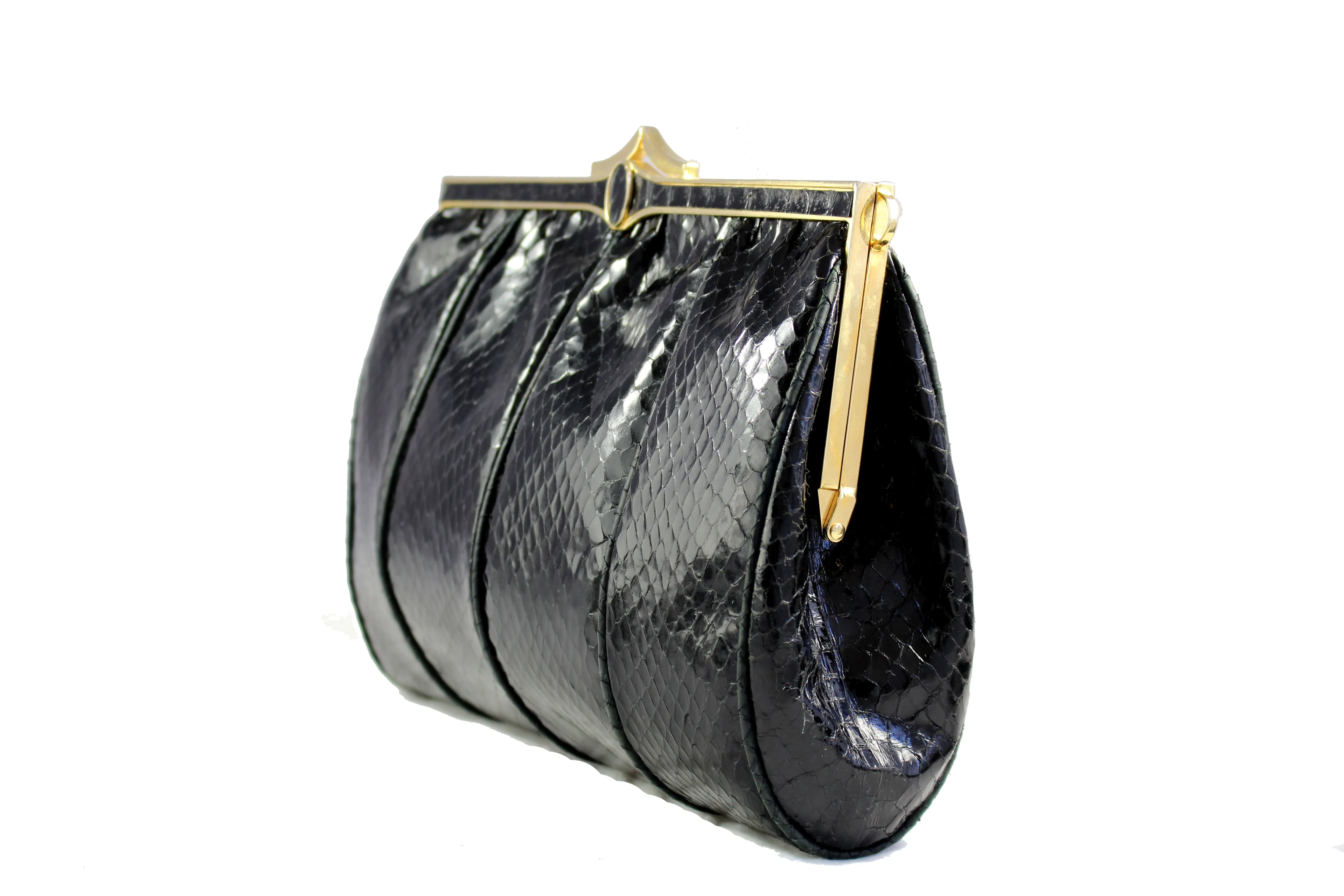 Black snake skin handbag with decorated frame