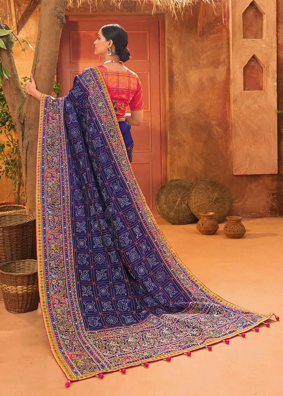 Bridal Wedding Blue Kacchi Work Banarasi Silk Saree