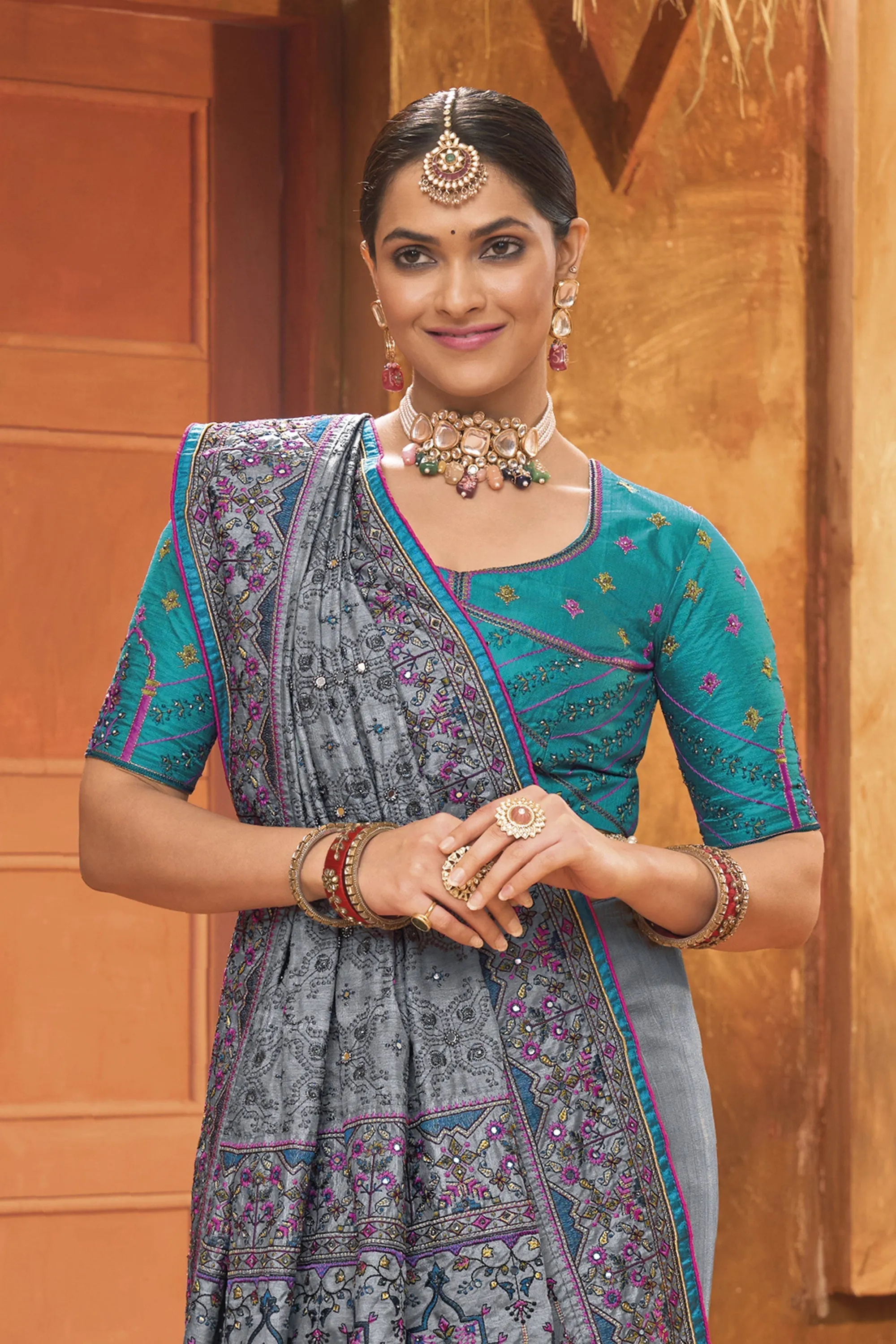 Bridal Wedding Grey Kacchi Work Banarasi Silk Saree