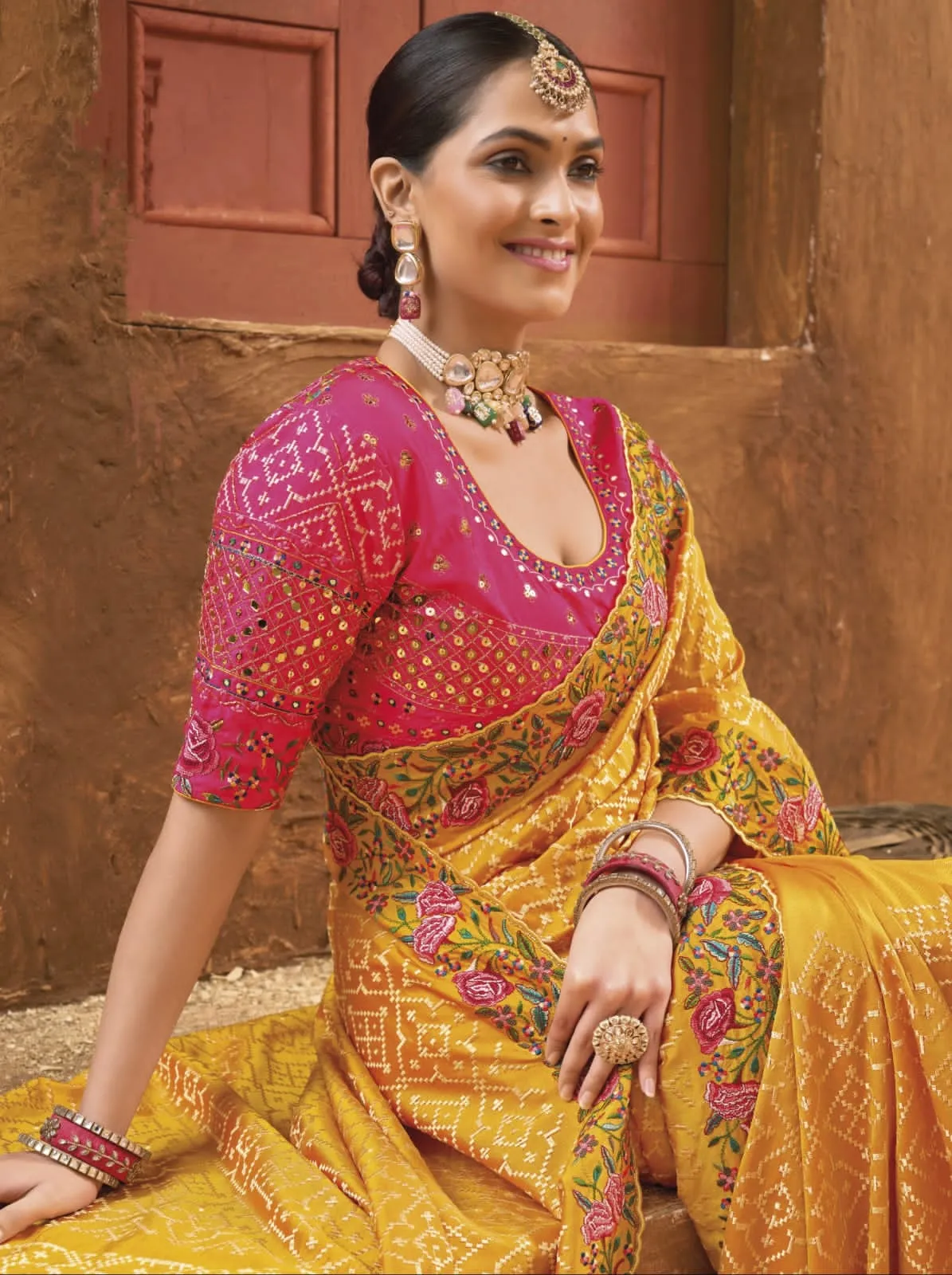 Bridal Wedding Mustard Kacchi Work Banarasi Silk Saree