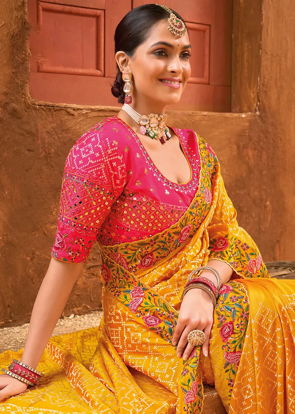 Bridal Wedding Mustard Kacchi Work Banarasi Silk Saree